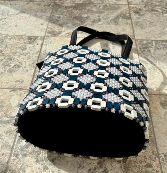 White and Navy Blue Beaded Bag
