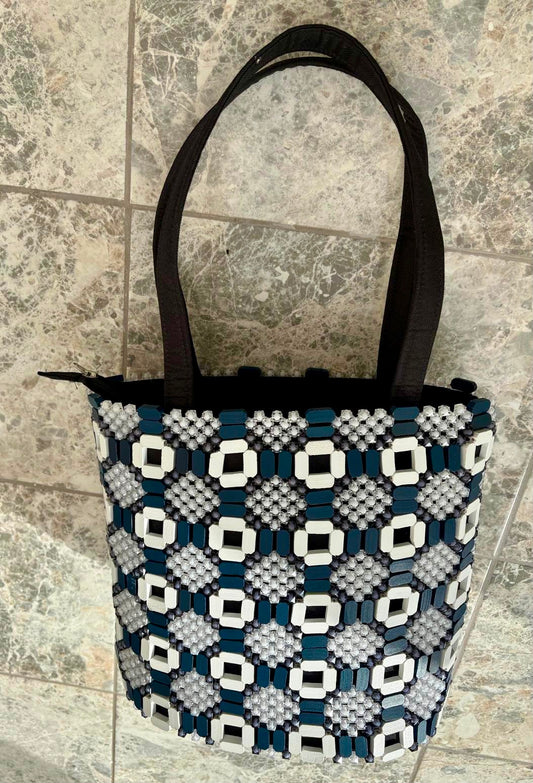 White and Navy Blue Beaded Bag
